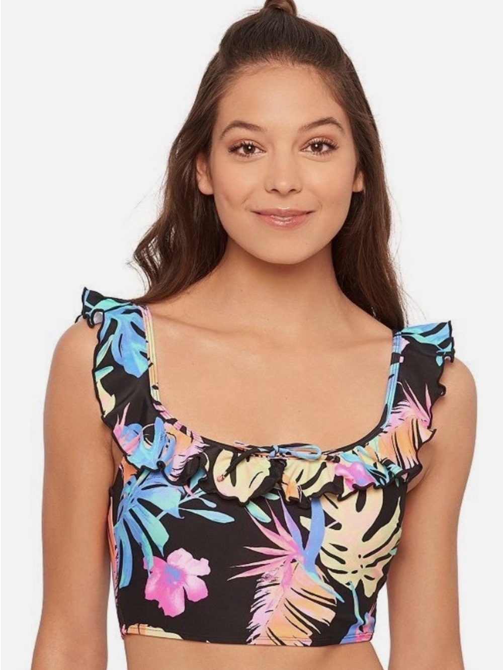 Large Floral Ruffle Crop Swim Top - Black with Pastel Tropical Print